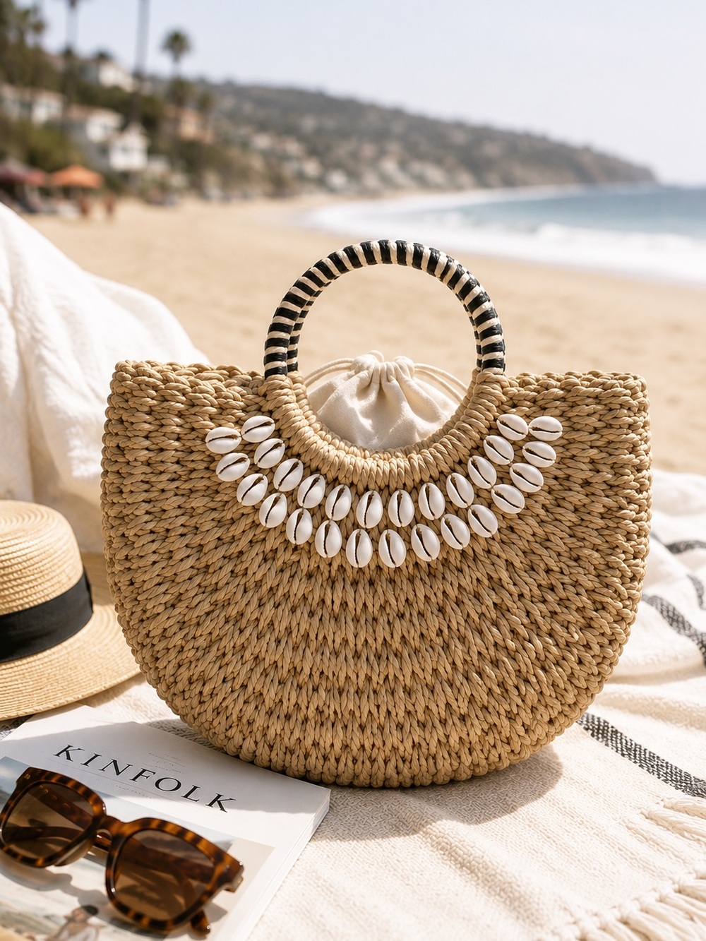 Alilang Cowrie Shell Straw Tote Bag Woven Beach Purse Boho Coastal